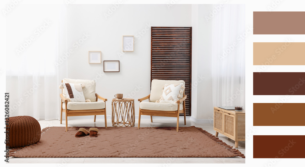 Poster stylish living room with elements in mocha mousse shade. interior design and matching color palette