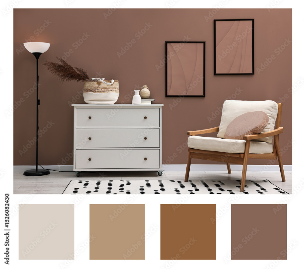 Poster stylish living room with elements in mocha mousse shade. interior design and matching color palette
