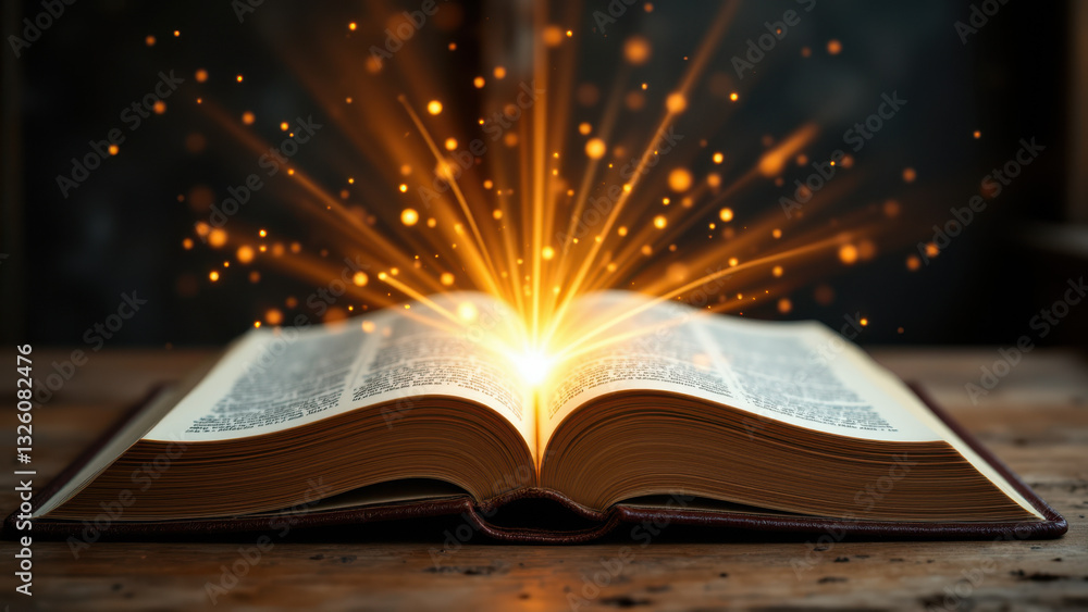 Poster an open book with a magical glowing effect emanating from it.