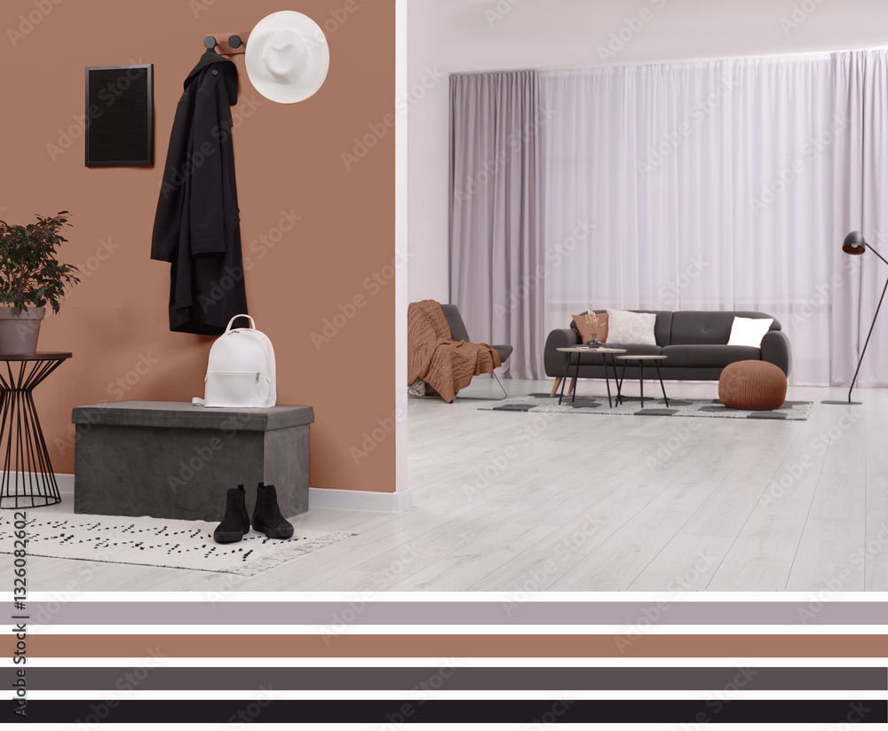 Aufkleber Stylish apartment with elements in mocha mousse shade. Interior design and matching color palette