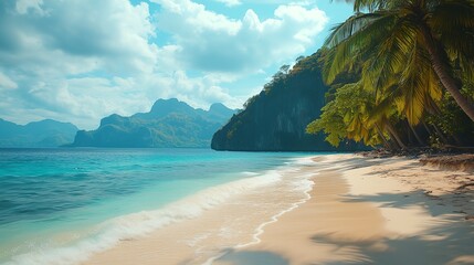 Fototapeta premium Tropical beach with palm trees in the Philippines, minimalistic composition featuring vibrant blue sky and lush green scenery
