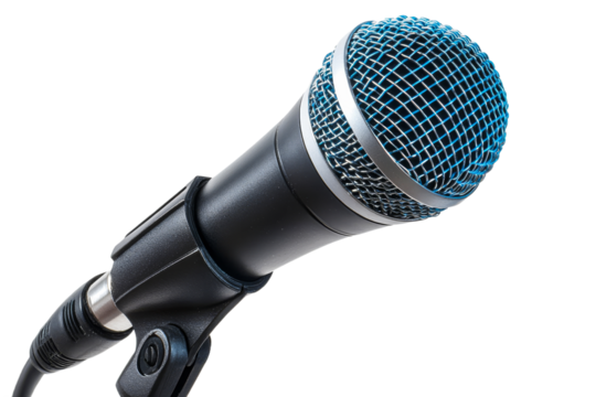Close up of a microphone with a blue mesh grill