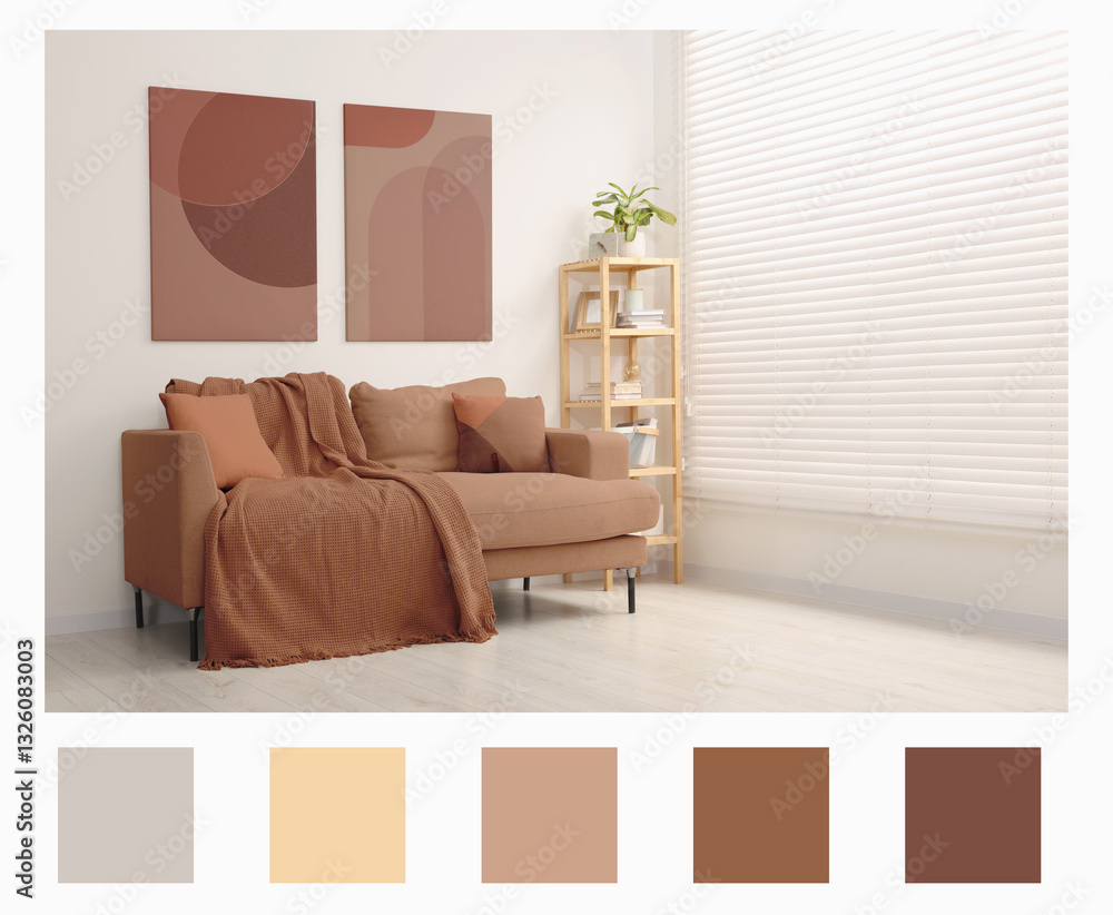 Poster stylish living room with elements in mocha mousse shade. interior design and matching color palette