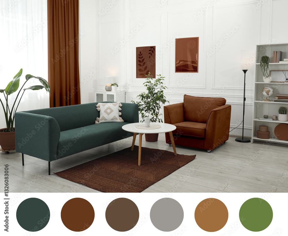 Poster stylish living room with elements in mocha mousse shade. interior design and matching color palette
