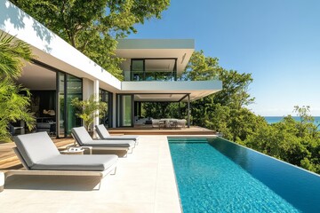 Fototapeta premium Elegant outdoor sun loungers with grey cushions, white metal frame, green accents, and a large blue pool in a lush, tranquil setting.