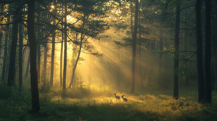 Experience the magical Easter morning in an enchanted forest, with a misty sunrise, soft glowing light filtering through tall trees, and rabbits and deer in the distance