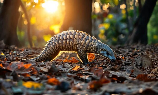A pangolin foraging through fallen leaves in a sunlit forest, showcasing its unique scales and habitat