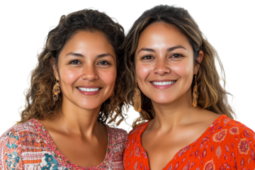 Smiling friends with curly hair in bright outfits