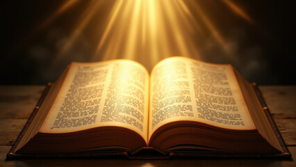 Obraz premium An open leather-bound book with a bright light shining from behind.