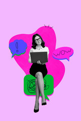 Art image vertical photo collage of happy girl hold laptop textbox notification icon communication speech chat exclamation