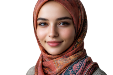 Portrait of a woman with a colorful scarf and serene smile