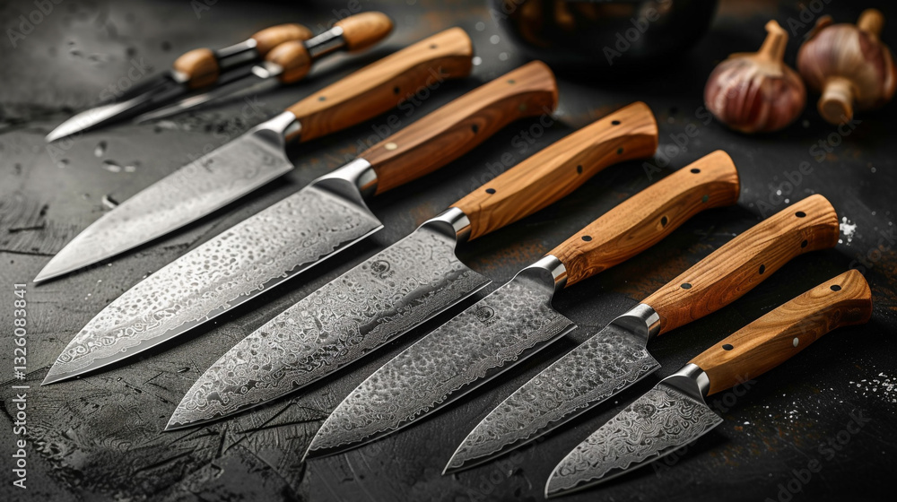 Poster a set of unique wooden-handled kitchen knives arranged in a diagonal composition, with ample clean s