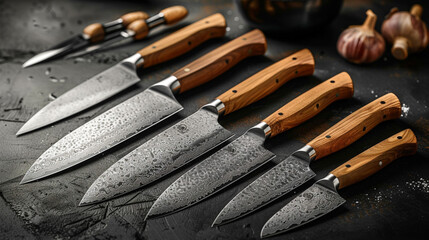 A set of unique wooden-handled kitchen knives arranged in a diagonal composition, with ample clean space in the upper portion of the image for branding elements.