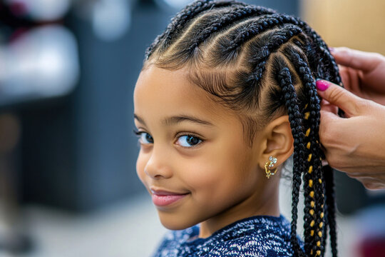 young african american girl with braided hairstyle smiling softly with admiration. focus on intricate braids, showcasing hair styling elegance. beauty, fashion, hairstyle concept. - Powered by Adobe