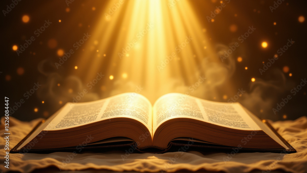 Poster a glowing open book with rays of light emanating from it against a golden background, symbolizing sc