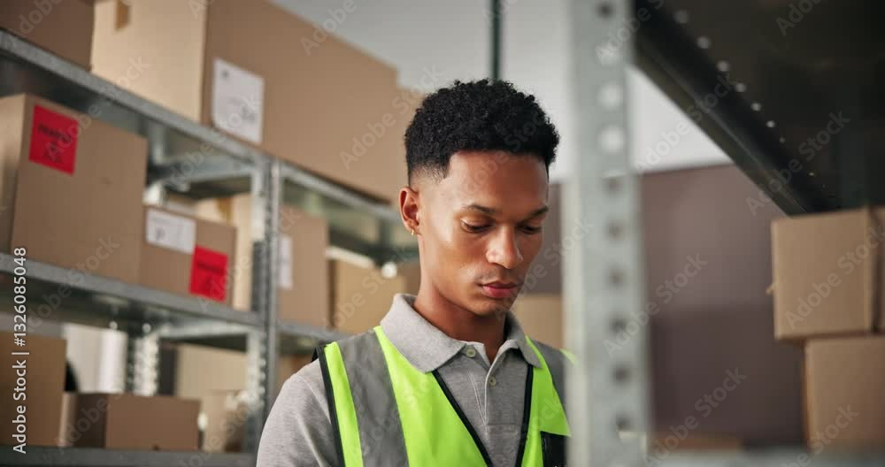 Poster man, supply chain and quality control with tablet for inspection, order inventory or checklist for d