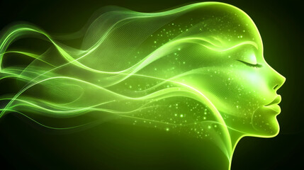 Futuristic green digital wave with glowing particles, abstract motion pattern, technology-inspired fluid shape, artificial intelligence concept


