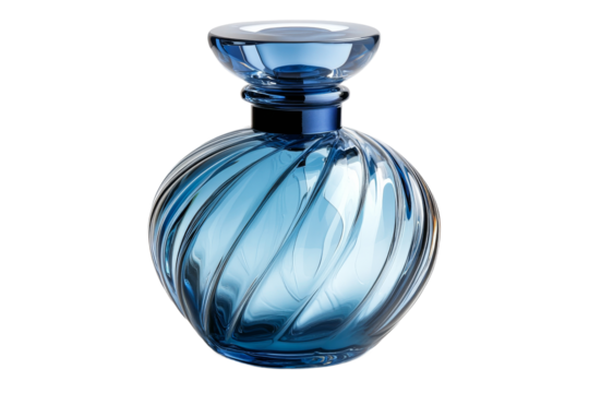 Elegant blue glass perfume bottle with swirled design