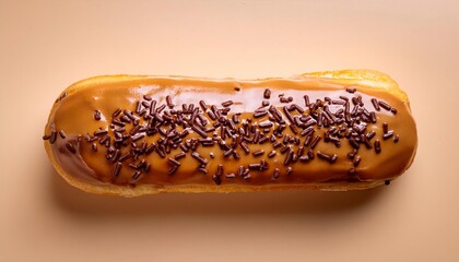 Long John Peanut Butter Donut with Chocolate Sprinkles on Beige Background Isolated