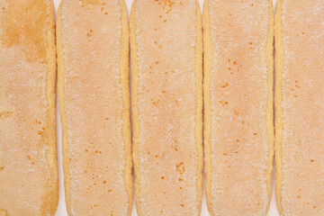 A close-up shot of ladyfinger biscuits arranged in a row, highlighting their texture and color