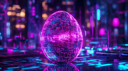 A vibrant glowing neon Easter egg with a mesmerizing holographic pattern floats amidst a futuristic cyberpunk city backdrop. A striking blend of tradition and tech