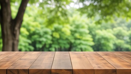 Wooden Tabletop with Beautiful Green Forest Background and Sunlight.  ideal for nature-inspired designs or product backgrounds.