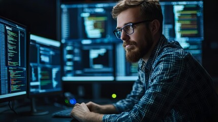 A focused individual is programming on multiple monitors in a dimly lit room, showcasing a tech-savvy environment.