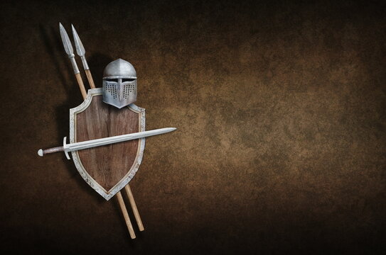 viking sword helmet shield and two spears on grunge background