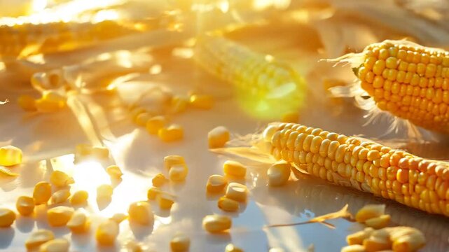 A close-up of fresh corn cobs with kernels scattered around them, bathed in soft, warm light. The golden hues and the natural texture of the corn create a rustic, wholesome atmosphere, ideal for food 