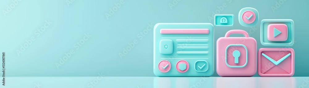 Poster soft pastel 3d security interface concept with colorful icons and elements