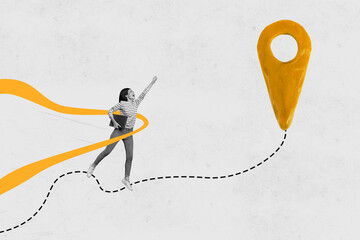 Creative sketch image art collage of happy tourist girl fly geolocation summer travel concept carry...