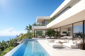 Fototapeta premium Modern white villa with large glass windows, sea view, terrace, swimming pool, and clear blue sky on a sunny day.