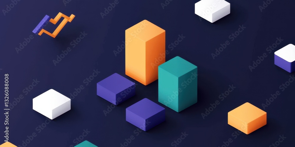 Poster A colorful 3D visualization of geometric shapes in varying sizes on a dark background, suggesting data or architectural modeling.