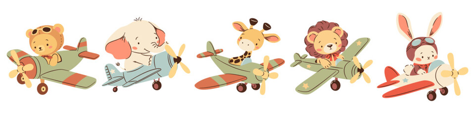 A set of flat vector illustrations in a simple children's style. Cute animals flying on airplanes. Bear elephant lion cub giraffe and hare pilots . Vector illustration © Alena