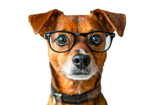 Dog wearing glasses with a curious expression