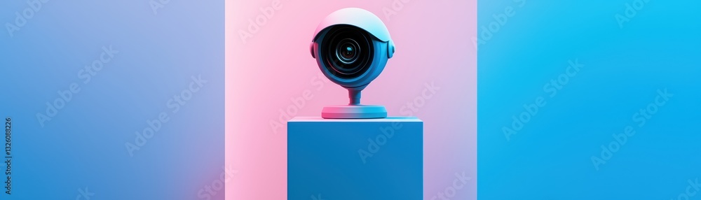 Poster 3d concept of advanced security ai system showcased on a podium in modern display setting