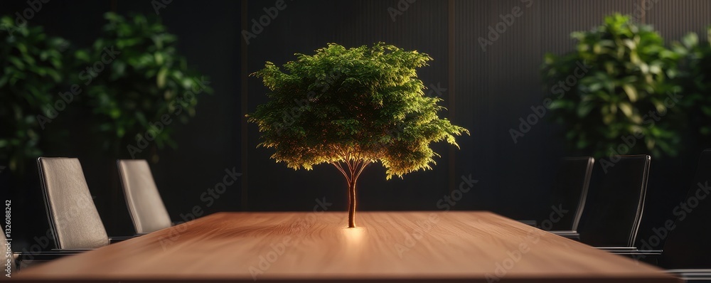 Poster A small tree is centered on a wooden table in a dimly lit room, surrounded by chairs and larger plants, creating a calming atmosphere.