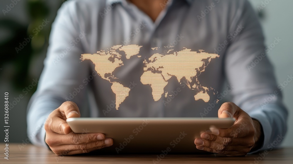 Aufkleber a person holds a tablet displaying a holographic world map, symbolizing global connectivity and tech