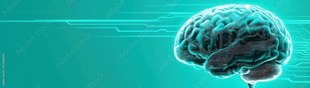 Poster conceptual representation of artificial intelligence with abstract brain on solid color background