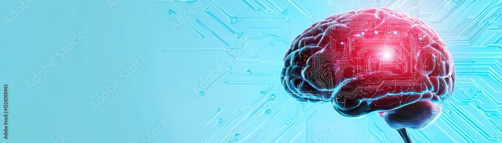 Poster abstract representation of artificial intelligence concept featuring a digital brain on solid backgr