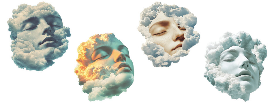 Collection of floating faces emerging from clouds in a surreal dreamlike aesthetic, isolated on transparent background