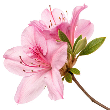 A delicate pink azalea flower in full bloom, showcasing intricate petals and vibrant green leaves against a dark background.