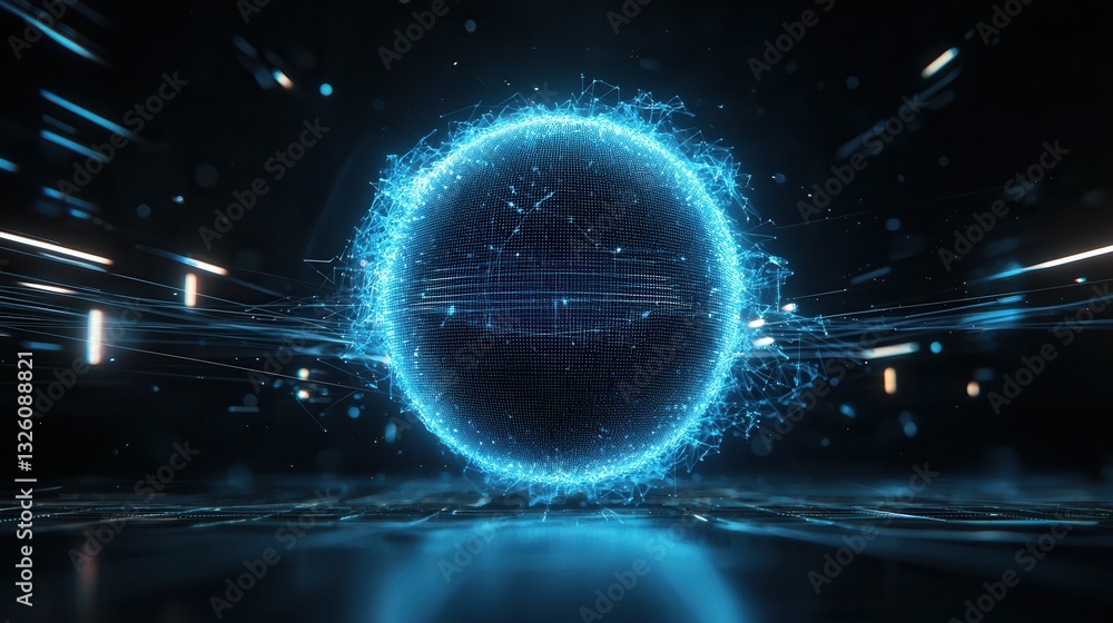Poster mesmerizing abstract image depicting a luminous futuristic sphere with a dynamic interconnected wire