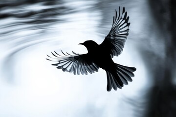 Naklejka premium Black bird in flight with wings spread against blurred background
