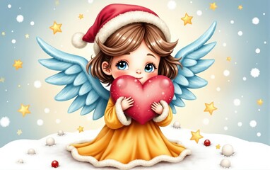 Fototapeta premium Digital Illustration of Angel with Heart and Santa Hat