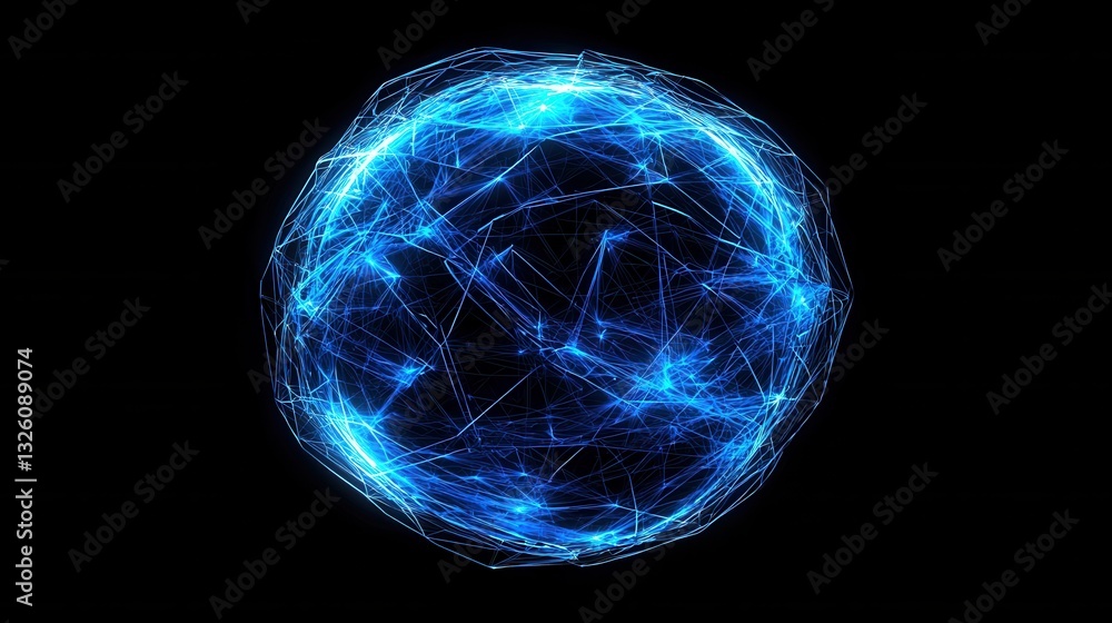 Poster futuristic 3d rendering of a glowing blue sphere with an intricate network of interconnected lines a