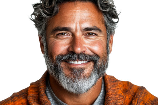 Man with curly hair and beard in an orange sweater