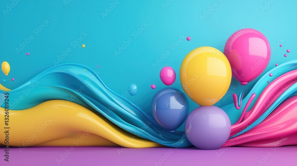Poster a dynamic abstract composition of floating spherical balloons in a range of bright playful colors cr