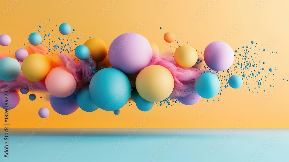 Poster a vibrant and mesmerizing arrangement of pastel colored spheres bubbles and fluid particles creating