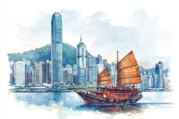 A watercolor depiction of a traditional junk boat sailing near Hong Kong's skyline, blending modern architecture with cultural heritage.